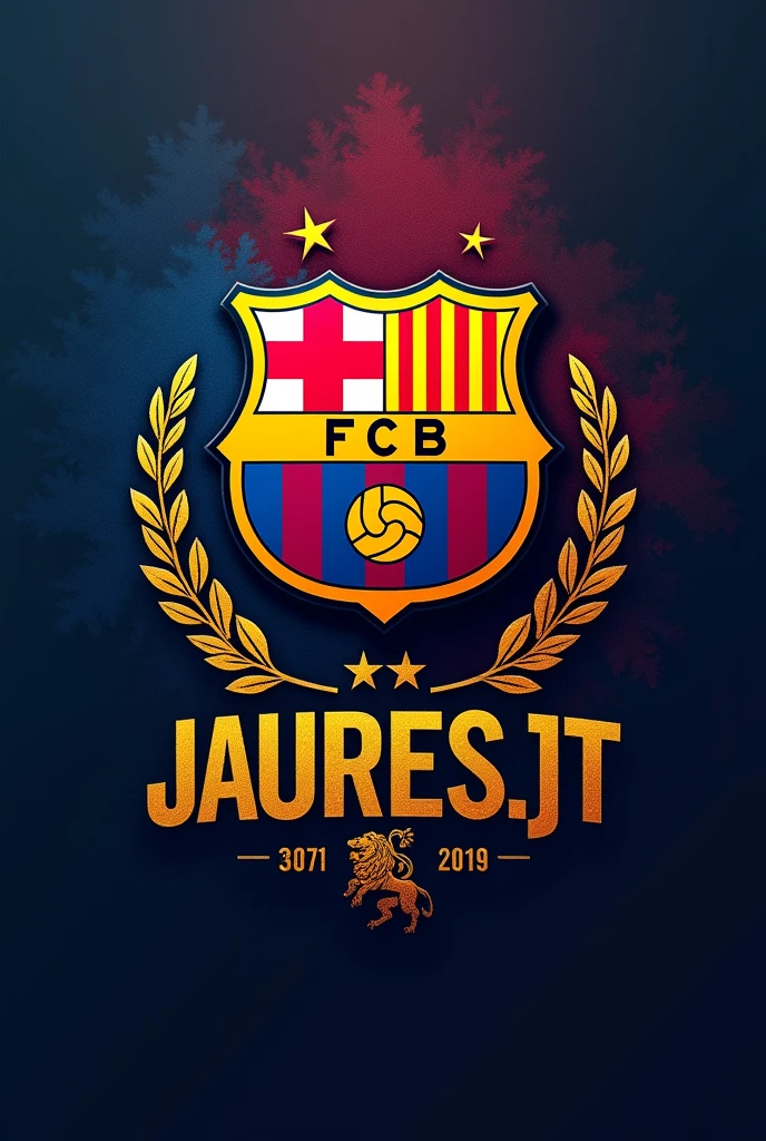 Logo fc barcelone bien visible avec les initiaux J et T, un lion bien visible et le nom Jaurès.T