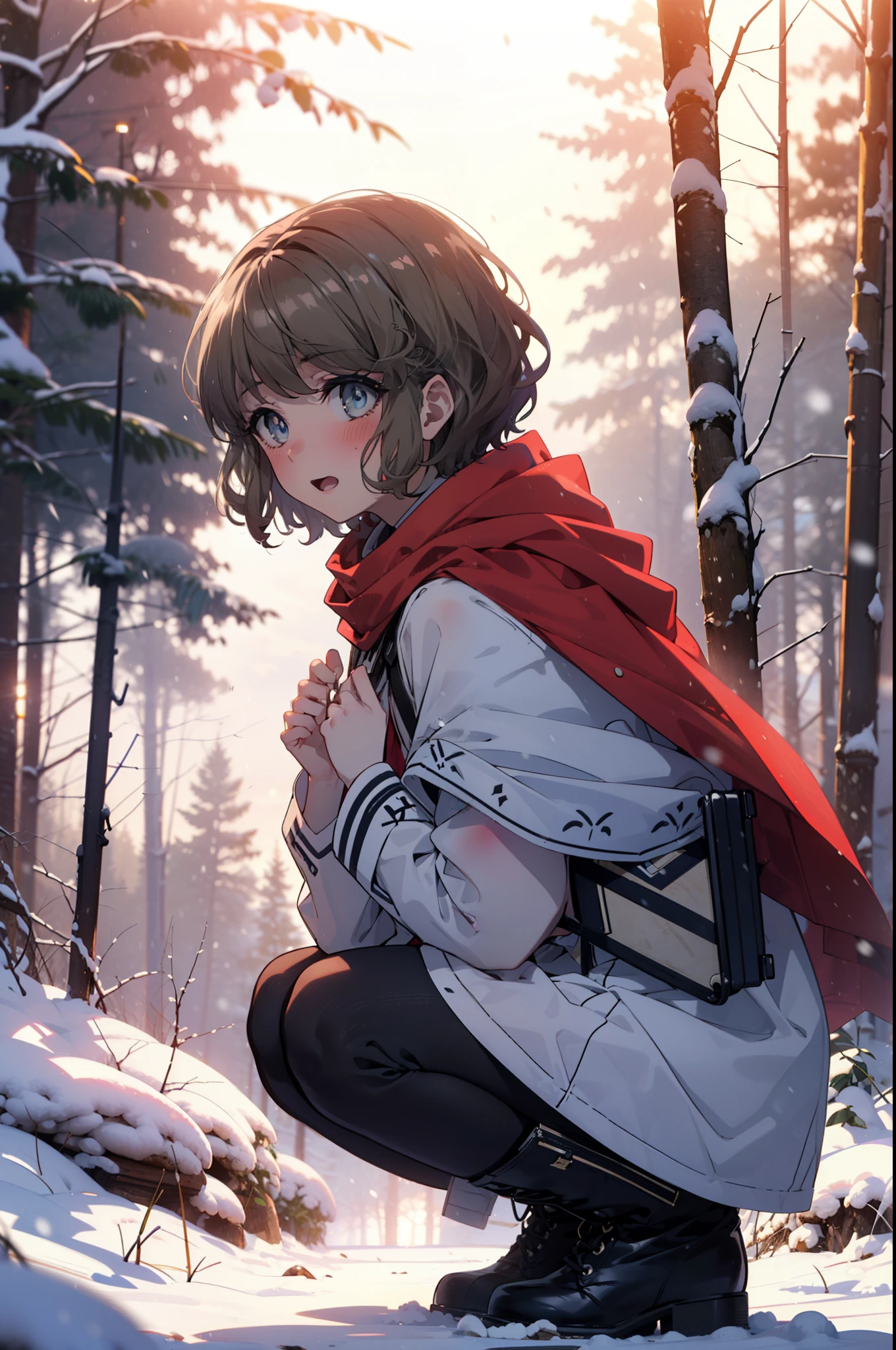 tomoekoga, Chie Koga, short hair, Brown Hair, blue eyes, hair band,smile,blush,white breath,Mid-chest,
Open your mouth,snow,Ground bonfire, Outdoor, boots, snowing, From the side, wood, suitcase, Cape, Blurred, having meal, forest, White handbag, nature,  Squat, Mouth closed, Cape, winter, Written boundary depth, Black shoes, red Cape break looking at viewer, Upper Body, whole body, break Outdoor, forest, nature, break (masterpiece:1.2), Highest quality, High resolution, unity 8k wallpaper, (shape:0.8), (Beautiful and beautiful eyes:1.6), Highly detailed face, Perfect lighting, Highly detailed CG, (Perfect hands, Perfect Anatomy),