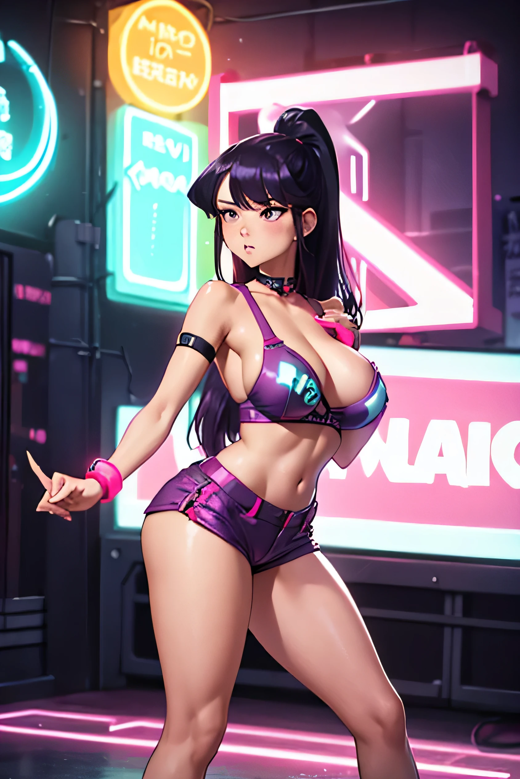 Girl, Komi Shouko,(( big tits)), ((hips)), ((thighs)), ((perfect body)), sexy, mini shorts, ((neon lights)), music, legs, (((neon))), lights, high quality, ((dancing)), ponytail with bangs hair style, purple hair, Asian