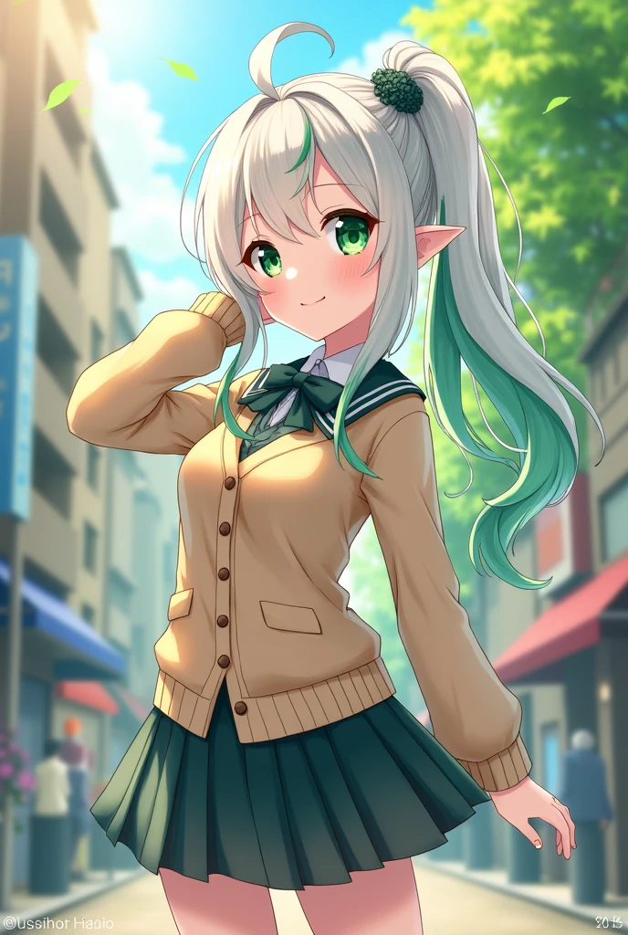 masterpiece , best quality,nahida(genshin impact) ,1girl , small breast,long hair ,side ponytail, hair ornament , white hair , green hair , hand behind head:1.5,multicolored hair, elf , pointy ears , school uniform , skirt ,cardigan,road , street,looking at the viewers