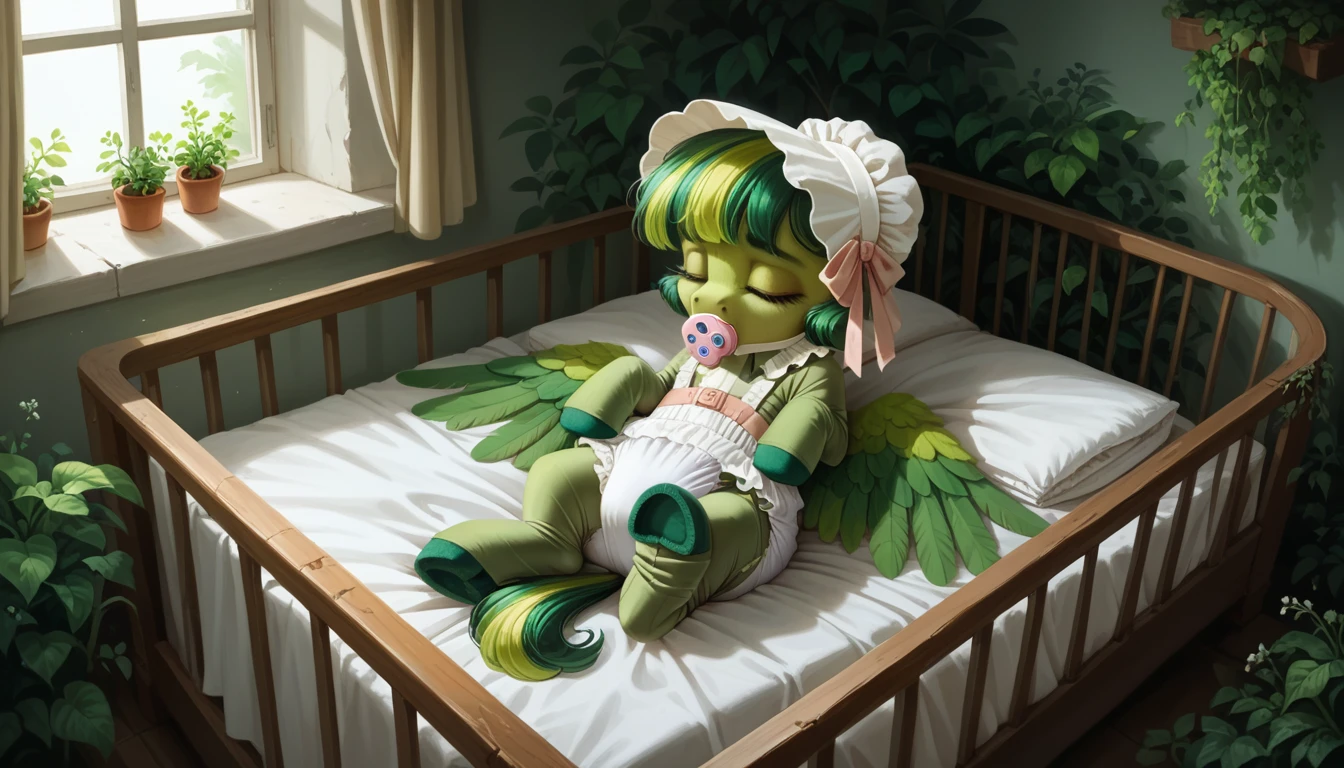 pony, Pegasus, adult filly, emerald green fur, a lush mane, gathered in a bonnet, bushy tail, closed eyes, sleeps in a crib, dressed in a bodysuit and booties, pacifier in mouth, solo, thick diaper under clothes.