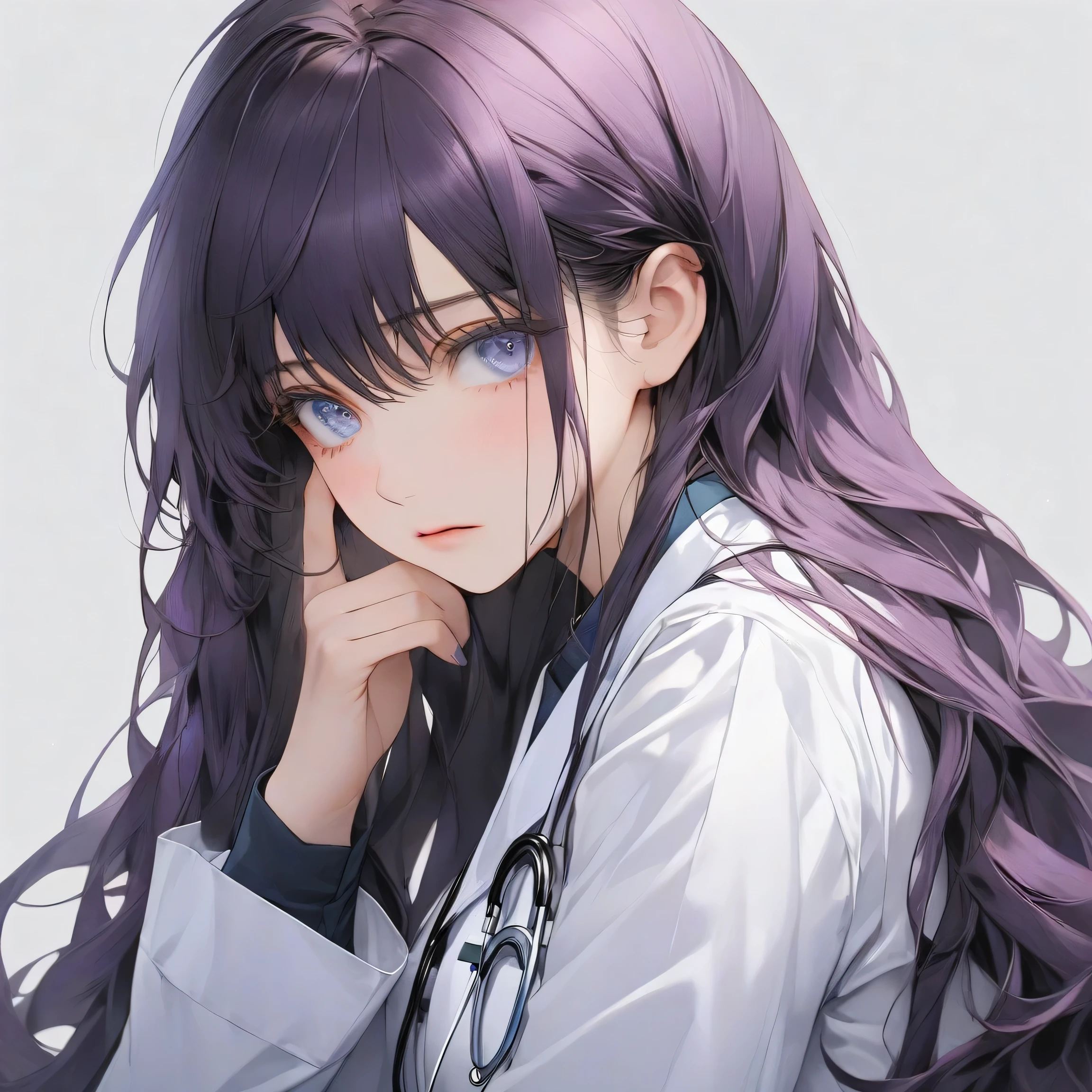 high resolution, Masterpiece, Anatomically correct, precise, qualityที่ดีที่สุด, quality, 1 woman, Age 20 years, very long hair, dark purple hair, icy blue eyes , A despair expression., simple background, photography, military doctor uniform, doctor uniform, detailed eyes