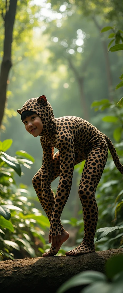 The beautiful and thinest Chinese  boy with handsome cheeks wears  and clouded leopard lycra footed turtleneck unitard catsuit covered with black leopard spots.He always wear margay lycra elastane stretchy dancewear hijab-like zentai hood.He is happy at jungle.He is take part for contortion as contortionist.