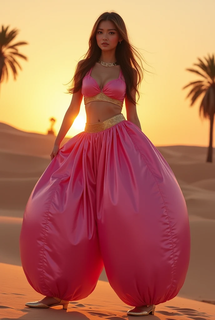 Hitomi Tanaka, solo, fullbody, brown long hair, brown eyes, humongous breasts, oppai, wearing an Arabian princess outfit consisting of humongous inflatable satin princess Jasmine-style harem pants, gold shoes & a simple bra. The pants are pink and extremely puffy and completely round and completely spherical, high quality.