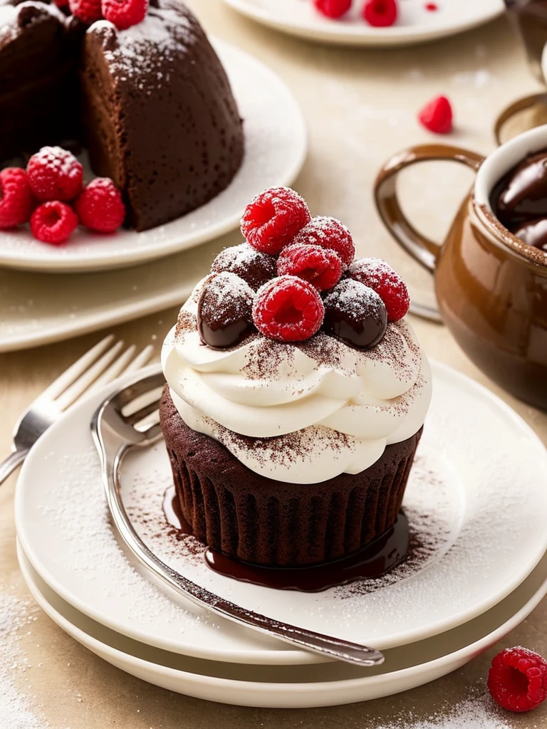 A picture of a chocolate dessert beautifully arranged on a white ceramic plate. The main dessert is a smooth and delicate chocolate mousse, sculpted into a beautiful mound, and dusted with rich cocoa powder on top. Next to it is a molten chocolate lava cake, revealing a rich chocolate flow from its interior when sliced. The tempting presentation is further enhanced by a topping of fluffy whipped cream and bright red fresh berries placed alongside. The plate is also sprinkled with a touch of powdered sugar to add to the visual appeal and deliciousness. The image evokes a warm and inviting atmosphere through the use of soft lighting that casts a glow on the desserts, highlighting the rich chocolate tones.