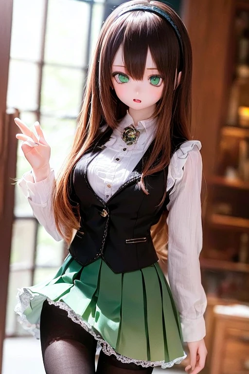 (SFW:2), photorealistic, realistic photo, 8k, ((highest quality)), ((masterpiece)), (extremely detailed), kukolnydom, doll, (mature woman, 21yo, 21 years old, solo:1.6), ((cowboy shot, dynamic pose, slim, slender, skinny, medium breasts, hairband, ascot, vest, dress shirt, long puff sleeves, pleated skirt, black pantyhose)), (parted lips, green eyes, brown hair, long hair, plastic skin, looking at another, glass eyes, gradient eyes, shining eyes, detailed eyes:1.3)