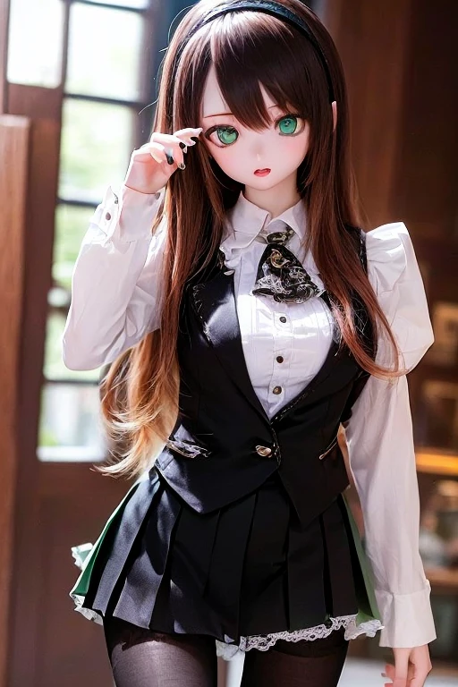 (SFW:2), photorealistic, realistic photo, 8k, ((highest quality)), ((masterpiece)), (extremely detailed), kukolnydom, doll, (mature woman, 21yo, 21 years old, solo:1.6), ((cowboy shot, dynamic pose, slim, slender, skinny, medium breasts, hairband, ascot, vest, dress shirt, long puff sleeves, pleated skirt, black pantyhose)), (parted lips, green eyes, brown hair, long hair, plastic skin, looking at another, glass eyes, gradient eyes, shining eyes, detailed eyes:1.3)