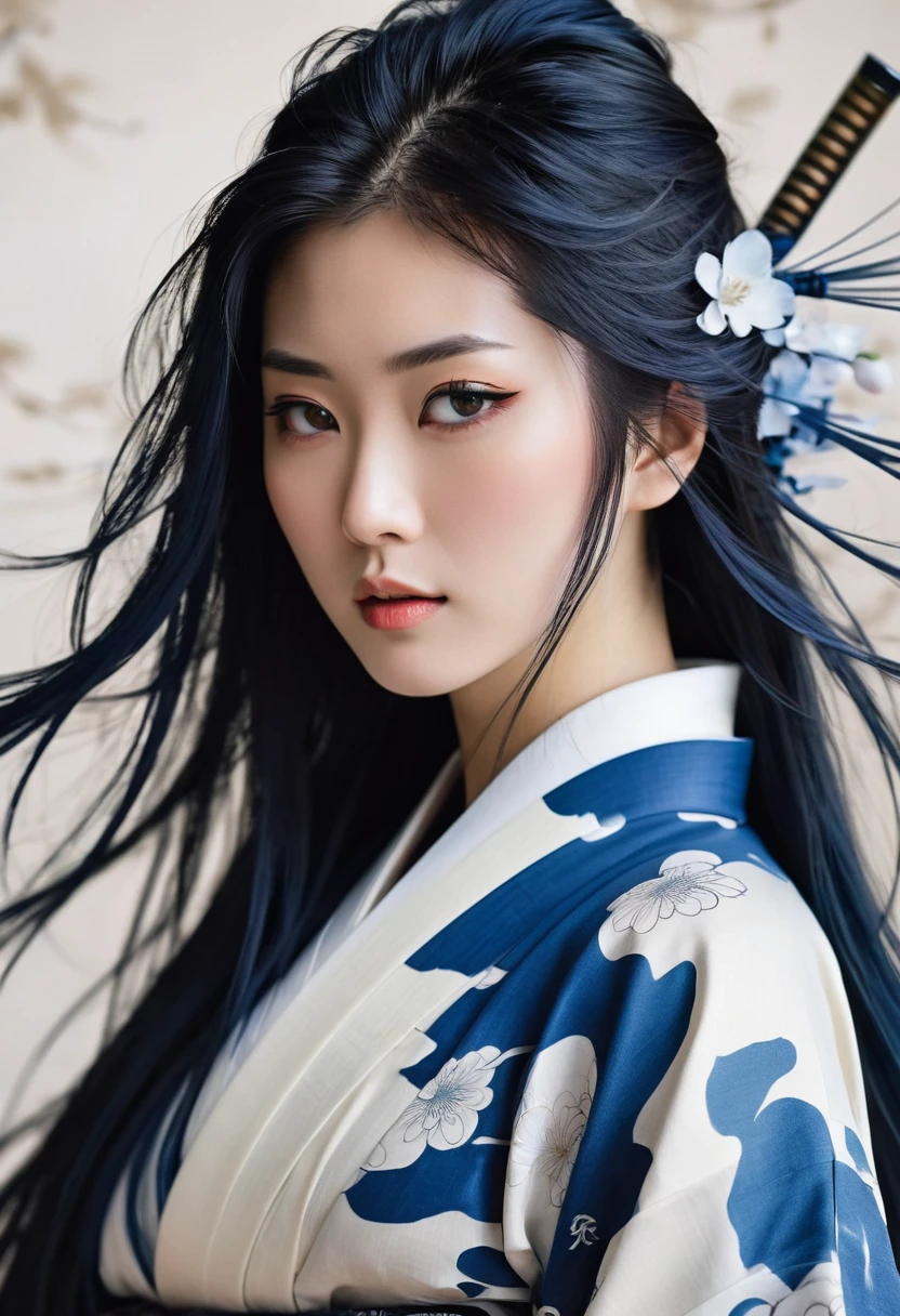 Beautiful sexy samurai bimbo, Beautiful face, long blue hair ( Hair fluttering in the wind ), delicate beautiful body, seductive body, wearing a sexy and seductive open kimono, huge breasts
Work created in the technique, reminiscent of Japanese ink paintings....., with bold strokes,The artist's masterful technique emphasizes the intensity and power of the presence of the highest quality image.., every detail is flawlessly captured in ultra-high definition. The kimono's textures and intricate patterns are rendered with exceptional precision... Lighting is carefully designed to enhance the dramatic effect., with deep shadows and subtle highlights.
General, The work of art exudes a sense of elegance and strength., a combination of traditional Japanese aesthetics with a touch of modernity. Monochrome color palette, combined with exquisite details, creates an immersive and exciting experience for the viewer.