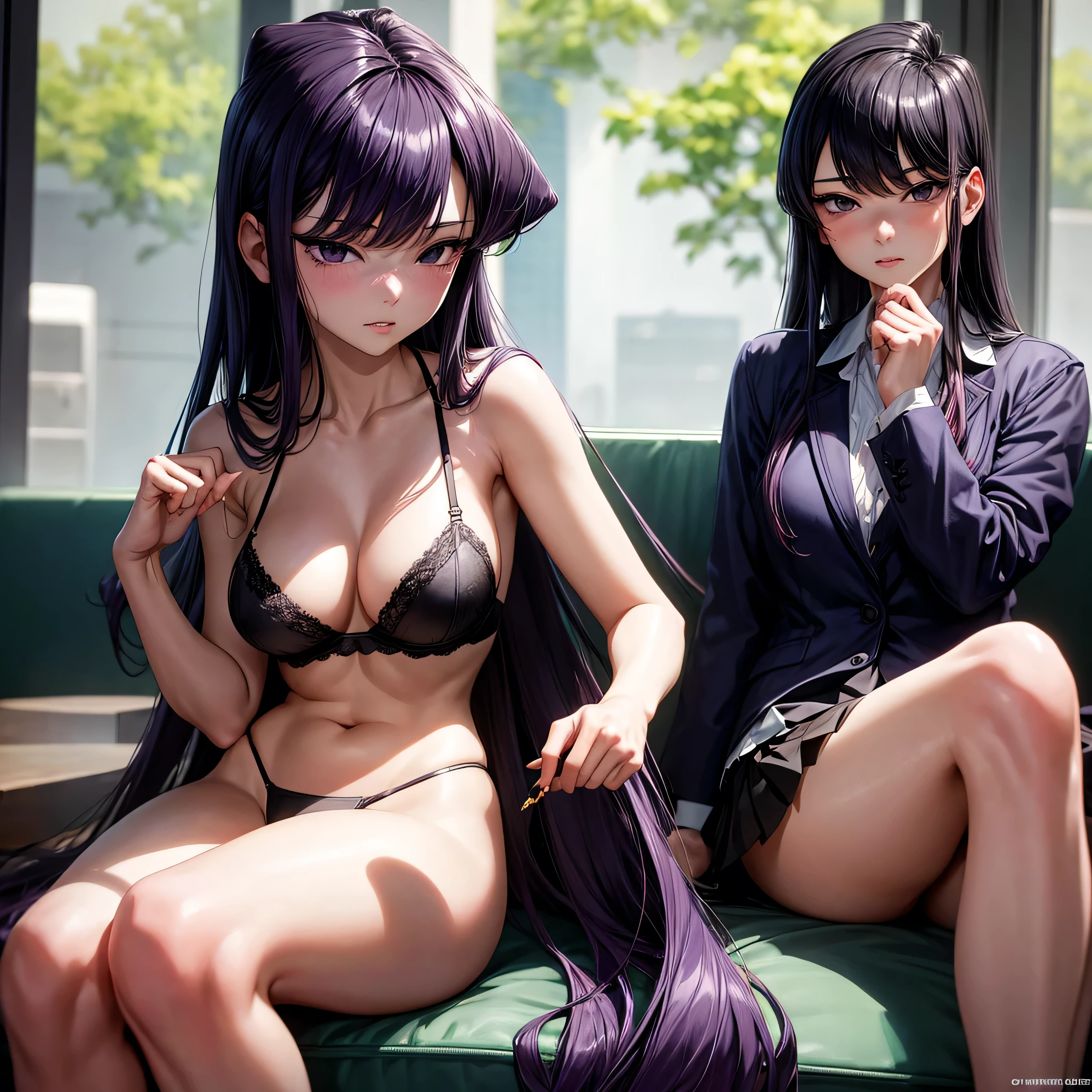Komi Shouko beautiful and tall, super realistic and well detailed, long purple hair, purple eyes, embarrassed, ashamed, gesture of biting her lip, large breasts in a black bra, sitting with her legs open showing a black thong