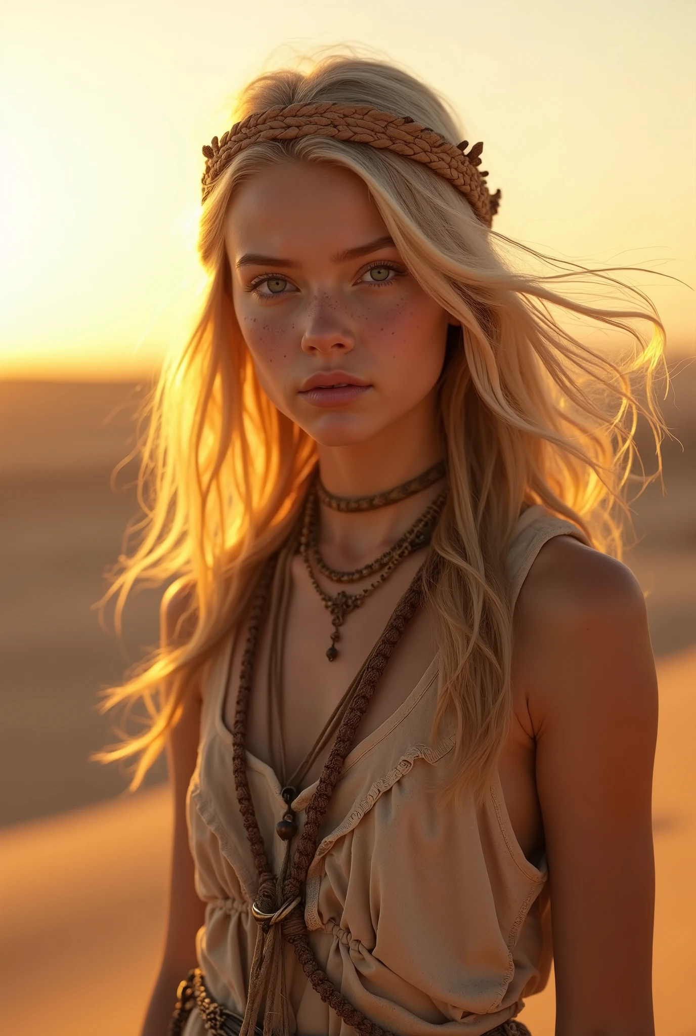 Masterpiece, Transitioning to a desert landscape at sunset, a lone figure, a beautiful  American teenage girls wearing beautiful post apocalyptic nomadic clothes, white skin, blonde hair, blue-grey eyes, freckles on face, slim running body, small breasts, very detailed face, ultra realistic face, very beautiful face, clean but tired face, post-apocalyptic clothing. Layers of tattered fabric, unconventional accessories, and a weathered look create an aura of survival and resilience, 16K, ultra high res.photorealistic, UHD, RAW, DSLR