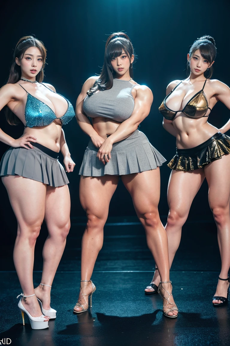 Ultra-high resolution, Realistic, Very detailed, Golden Ratio, Highest quality, Four people are standing full-body shot, (promotional photoshoot), (Are standing), Four people stand on the rooftop in high heels, (Four Beautiful female with Exemplary Figures), Beautiful Face, (Realisticな face), (biondeのショートカット:1.3), Korean bionde, bionde, long straight ponytail brown hair, hair band, Glare, Frowning, Drooling, Long Tongue, Verbal invitation, compensate, Frowning, Frowning, Surrealism, First Person View, First Person View, Wide-angle, Ultra-high resolution, Anatomically correct, Super detailed, 16K, (Four beautiful female standing side by side) (wide thighs), (Very sexy long legs),(body builder girl), (wide muscles), ((sexy abdominal muscles)), (huge breasts),(very voluptuous body),(short grey skirt),(strapless dress),(sexy dancing poses)