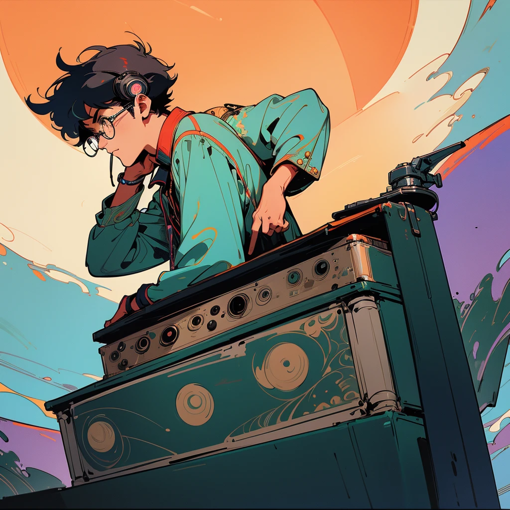 (moon:1.3), (Long Shot), Wide Shot, (Noise Film), Old cartoons, (Lots of records:1.3), vinyl record shop, (masterpiece, Highest quality, Highest quality, Official Art, beautifully、beautiful: 1.2), (A man wearing glasses listening to music with headphones), Very detailed, (Fractal Art: 1.4), Best details, guitar, (Note: 1.4), ( Lo-fi hip hop), Side view, Old Anime Texture, alone, speaker, cyber punk, vinyl , School , classroom , Men with glasses