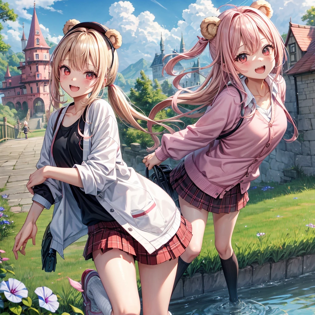 Pink Blonde、Red eyes、Hair tied up、Two cute、Checked 、black t-shirts、cardigan、Knee-high socks、bear ears baseball cap、Teeth are visible、Monster Castle、Tilting face、crossing the bridge、hazakura、windmill、grass、Stones are growing out of the ground.、impregnable、A teddy bear is walking、Morning glory is blooming.
