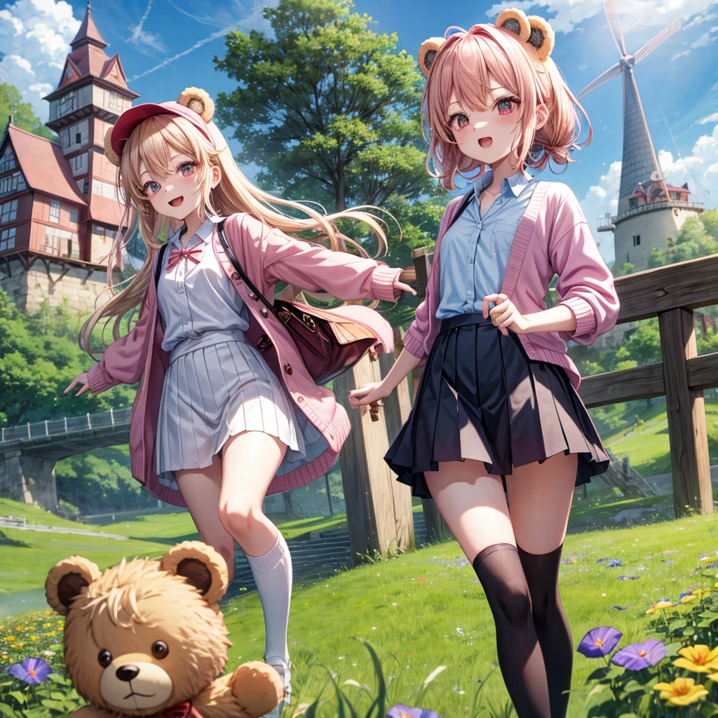 Pink Blonde、Red eyes、Hair tied up、Two cute、Checked mini skirt、black t-shirts、cardigan、Knee-high socks、bear ears baseball cap、Teeth are visible、Monster Castle、Tilting face、crossing the bridge、hazakura、windmill、grass、Stones are growing out of the ground.、impregnable、A teddy bear is walking、Morning glory is blooming.