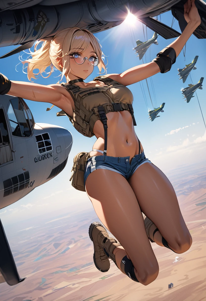 (best quality, high quality, masterpiece, detailed, highres, 4k, 8k, UHD, cinematic lighting), ((1girl, tall girl, stunning female, model body, slender figure, long legs, long blonde hair, sun-bleached hair, ponytail, beautiful face, clavicle, tan skin, medium breasts, small waist, wide hips, slender thighs)), (white rimmed glasses, wayfair glasses, blue lens, transparent lens), (choker, no top, no bra, plate carrier, assaults rifle mags, assault rifle, SCAR-H, SCAR-L, ACR, rifle sling, rifle hanging, g string, booty shorts, micro denim shorts, garter belt, elbow pads and kneepads, desert military boots), military operator, military cargo plane, Boeing C-17, (jumping out of plane, sky diving, paratrooper), (glistening skin, delicate skin, realistic skin, vibrant colors)