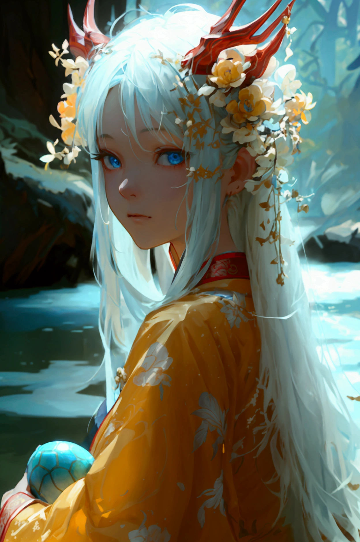 A captivating 2D rendered anime illustration of a flowing young girl with long white hair, striking blue eyes, and dragon horns cascading atop her head. She is wearing a classical Chinese Hanfu, desated with exquiite the broionorem. Hanfu flows gracefully. In her arms she held a dragon egg wrapped in fine cloth, its scales sparkling with every slight movement. The scene is set in a river at dusk, and soft ambient s further athance the firmosh. water patterns can be seen, adding to the tranquil atmosphere of nature, harmonizing with the captivating images and suggesting deeper layers of painting, animation., 3d render, fashion, depth of field, illustration