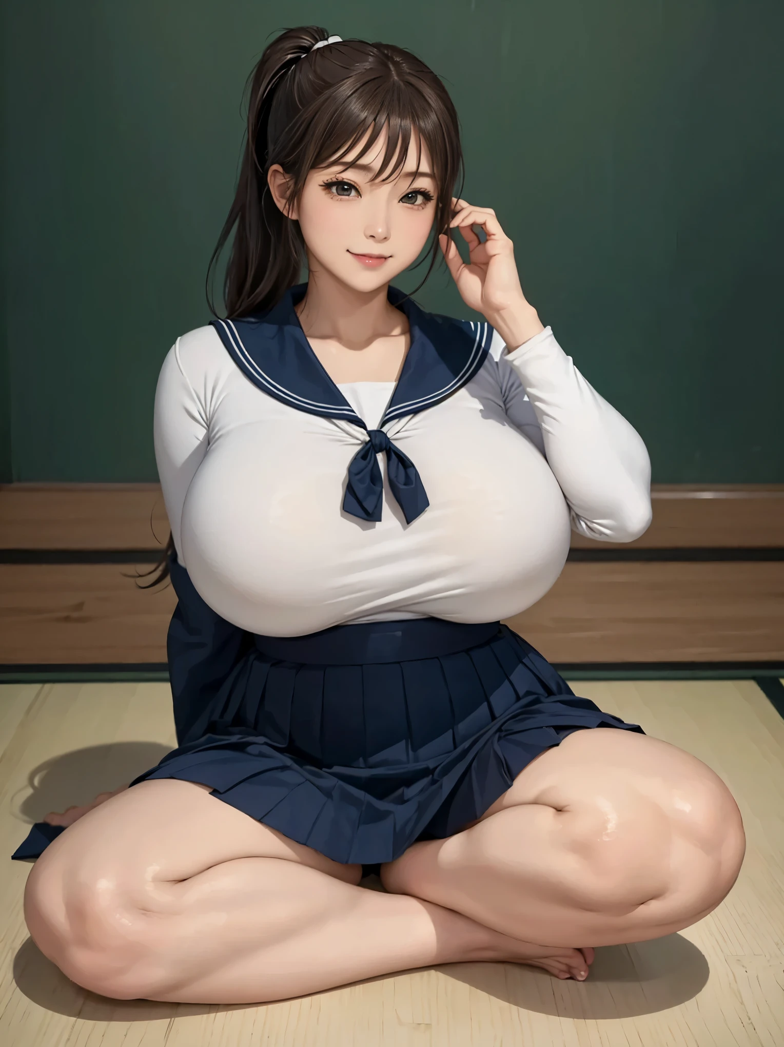 highest quality、8k、Realistic、1 girl、23 years old、Full body portrait、(Curvy body type、Embarrassing)、(Japanese 、Sitting with legs crossed、Spread legs、Positive)、(Dark brown hair ponytail:1.4、Japanese school sailor uniform:1.3、Navy Pleated Skirt、Skirt fluttering in the wind:1.2)、、(White and navy theme:1.2), yellow リボン、 (Big Breasts), Beautiful thighs、Beautiful ass, light smile,