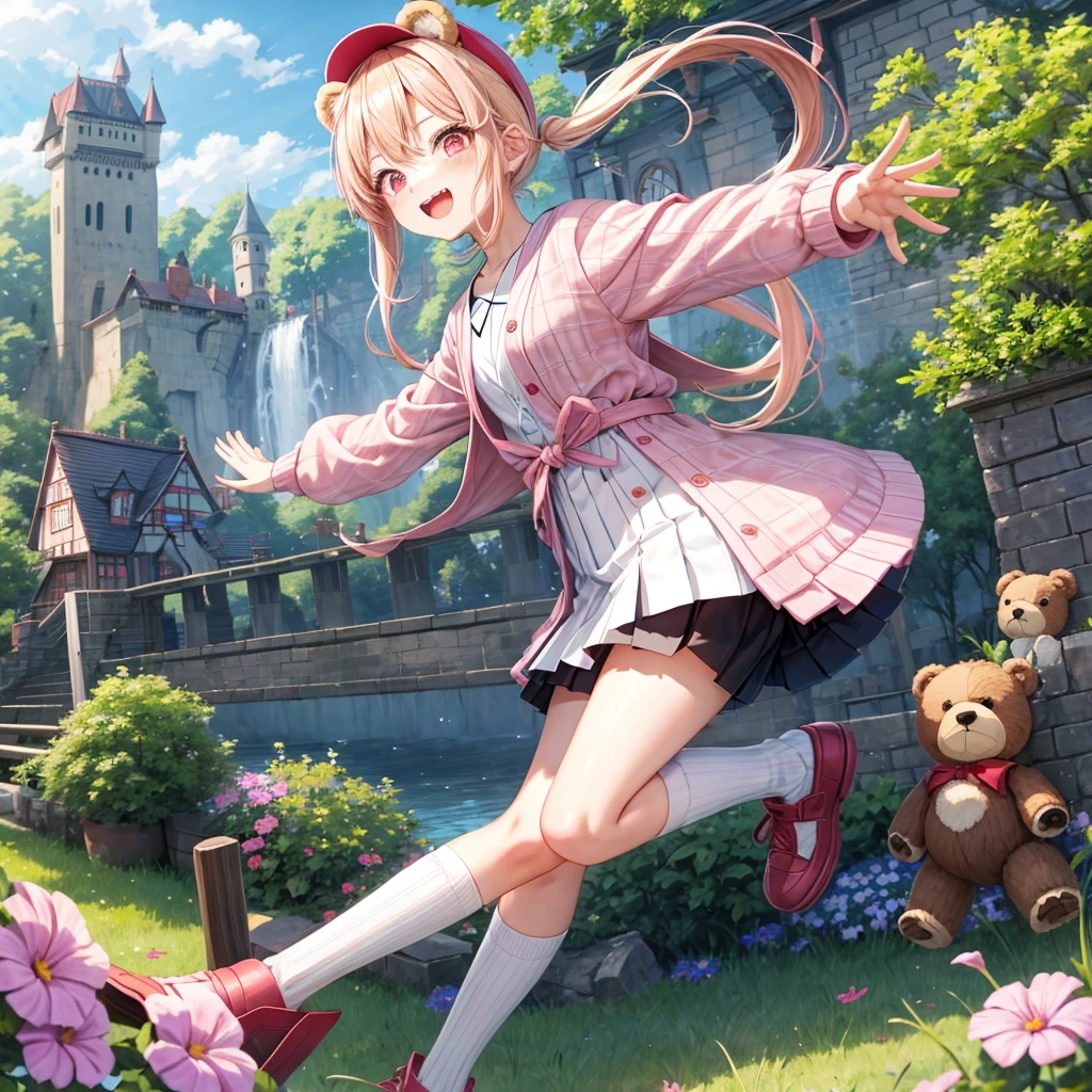 Pink Blonde、Red eyes、Hair tied up、Two cute、Checked mini skirt、black t-shirts、cardigan、Knee-high socks、bear ears baseball cap、Teeth are visible、Monster Castle、Tilting face、crossing the bridge、hazakura、windmill、grass、Stones are growing out of the ground.、impregnable、A teddy bear is walking、Morning glory is blooming.