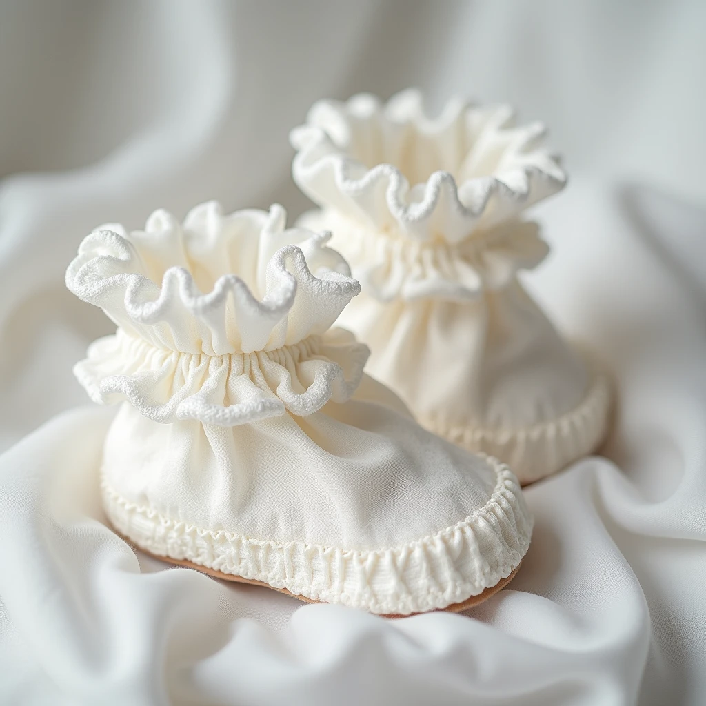 Booties, for newborns snow-white, very lacy , airy beautiful lace, transparent ruffles, Permission, photo realistic, 8k, depth of field,