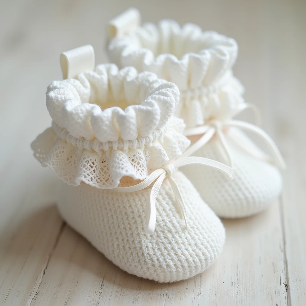 Booties, for newborns snow-white, very lacy , airy beautiful lace, transparent ruffles, Permission, photo realistic, 8k, depth of field,