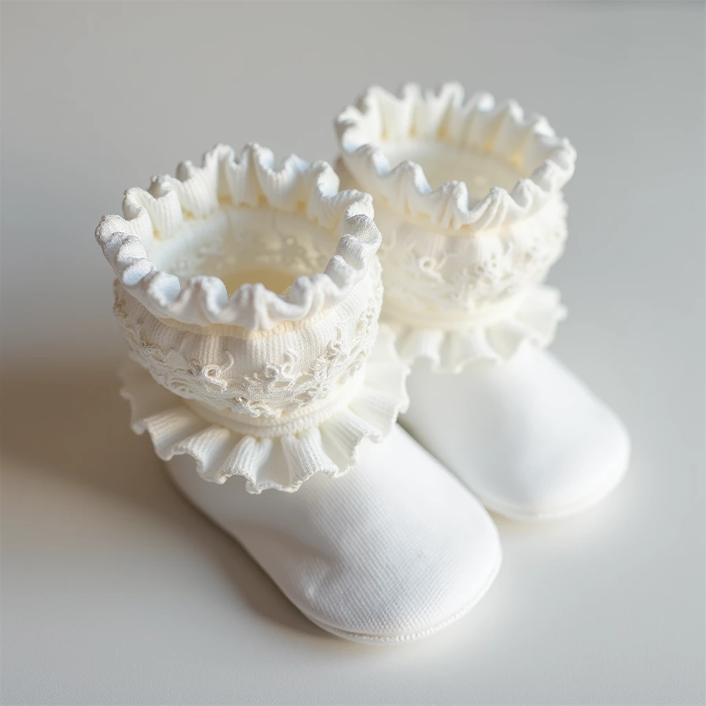 Booties, for newborns snow-white, very lacy , airy beautiful lace, transparent ruffles, Permission, photo realistic, 8k, depth of field,
