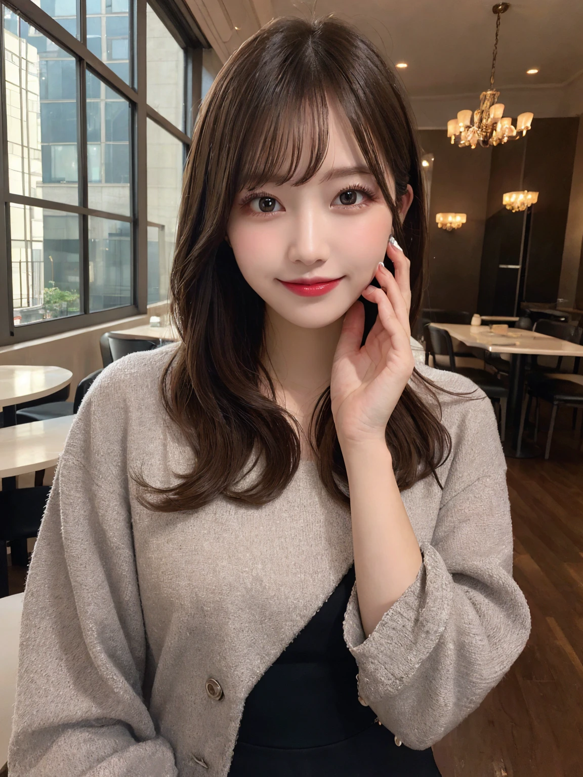 Tabletop, Highest quality, shape, Very detailed, In detail, High resolution, 8k wallpaper, Perfect dynamic composition, Beautiful attention to detail, Dior Dresses,Medium Hair, Center of chest, Natural color lip, Random sexy poses,smile,Tower apartment