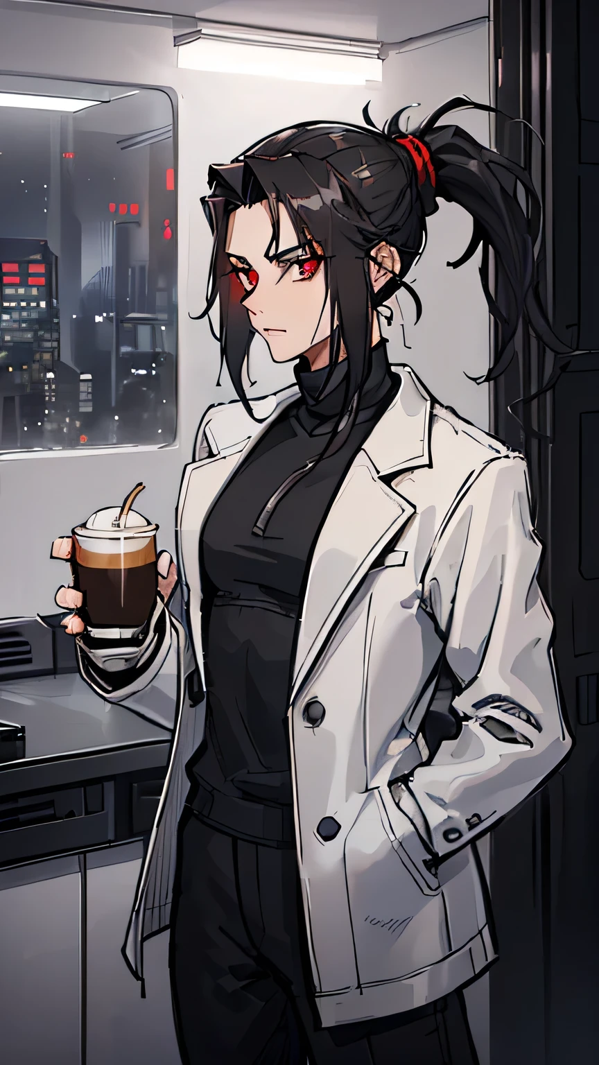(detailed), (((normal guy))), (Arabic characteristics), ((gray wool jacket)), ((pelo negro rizado Ponytail hairstyle)), ((Ponytail hairstyle)), (calm face), ((by the width)), ((coffee boots)), (((whole body))), ((in a cyberpunk room)), ((male)), (gray turtleneck sweater), ((only one person)), (at night), terror, ((eyes glowing red)), In the dark