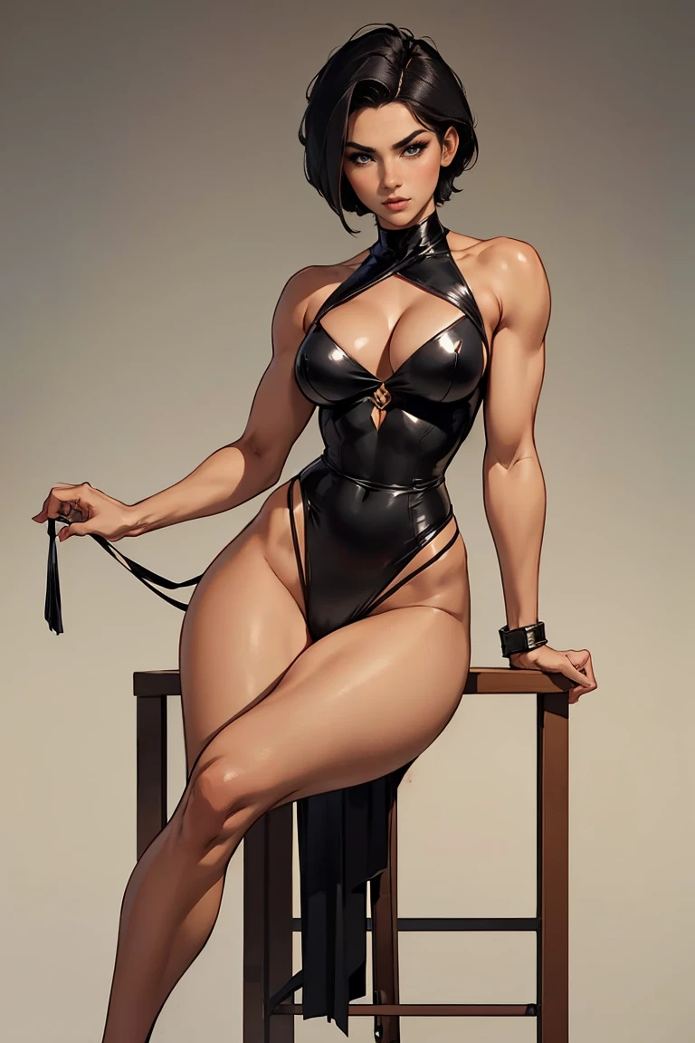 Brunetette, androgen, short-hair, flat hair, firm breasts, athletic physique, ((tight black body)), high-heels, a trans nuclear dark sorcerer.