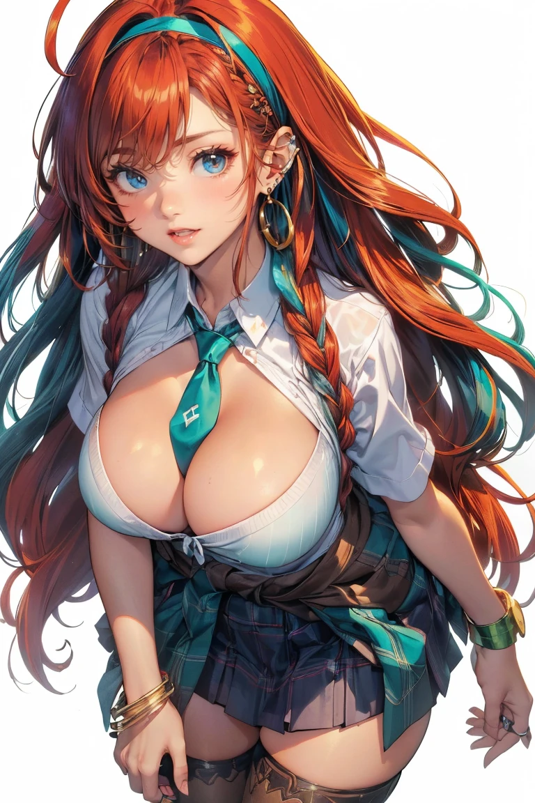 (cowboy shot: 1.5), (white background, simple background: 1.5), (masterpiece:1.5), (big breasts: 1.5), (1 girl: 1.5), young woman, (Beautiful Girl:1.5), (extremely detailed and delicate anime face and eyes:1.5), whole body, (natural light, HDR, extremely details CG:1.3), (dynamic posture: 1.3), {correct body anatomy}, (wide hips: 1.3), (perfect hands: 1.5), single focus, toned body, Beautiful Lips, thick lips, {surreal}, {correct posture}, {minutes details}, {detailed body}, {detailed clothing}, (Bright Eyes: 1.3), (cleavage: 1.3), {accessories}, {sexy}, (Gyaru: 1.5), Gal, (school uniform: 1.5), high school student outfit, (blouse: 1.5), short skirt, (pleated short skirt: 1.3), miniskirt, (plaid skirt: 1.3), (clothes around waist: 1.5), (sweater around waist: 1.3), (loose legwear: 1.5), (brown legwear: 1.5), (high heel boots: 1.3), large hoop earrings, (ear piercing: 1.3), hoop earring, hairclip, jewelry, (hair ornament: 1.3), (bracelet: 1.5), too many accessories, (ring: 1.5), (eyeshadow: 1.5), flawless makeup, (necktie: 1.5), ribbon tie, (hairband: 1.5), (happy look: 1.5), (seductive smile: 1.3), (long hair: 1.5), (multicolored hair: 1.5), (gradient hair: 1.5), (two-tone hair: 1.5), (red hair with blue and green streaks: 1.5), (red hair: 1.5), (blue and green streaks: 1.3), (permed hair: 1.5), (low tied long hair: 1.5), (wavy hair: 1.5), (braided bangs: 1.5), glowing hair, (ahoge: 1.5), (quiff: 1.3), (bright green eyes: 1.3),