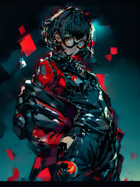 in the art style of persona5, (masterpiece:1.2, highest quality), (Realistic, photoRealistic:1.4), Beautiful illustrations, (Natural Side Lighting, Cinema Lighting), Written boundary depth, Beautiful thighs staring at the viewer, 1 female, 30-year-old, alone, thin, slender, (small breasts), short Hair, straight Hair, Forehead, Forehead, Forehead, Forehead, thin, slender, glasses, (Skinny black pants, collared white shirt), Are standing, (((glasses))), Red Akirabike, riding motorcycles