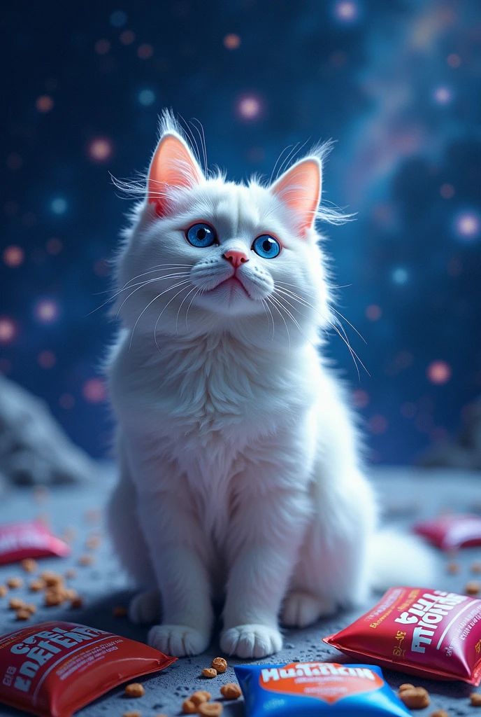 White cat, 、Space in the background (Beautiful shining stars and galaxies), Space Cat, big 、 on the screen is written in big letters on the screen,Munchkin、Cat food