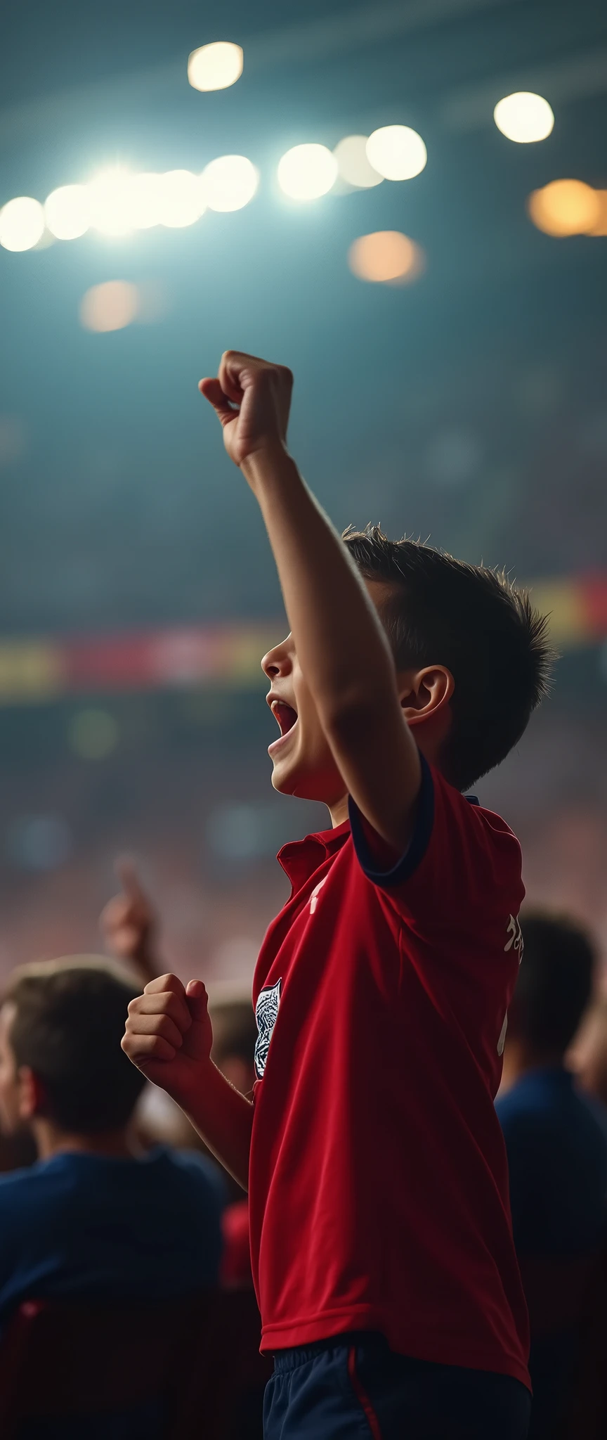 (masterpiece:1.2,Distinguished Quality,Mirror-like,Cinematic Experience),8k,wallpaper,Filming from the audience,England,Football Stadium,Premier League,Opening game,(A boy raises his clenched fist and cheers enthusiastically.),(Detailed hands),The light illuminates the boy.