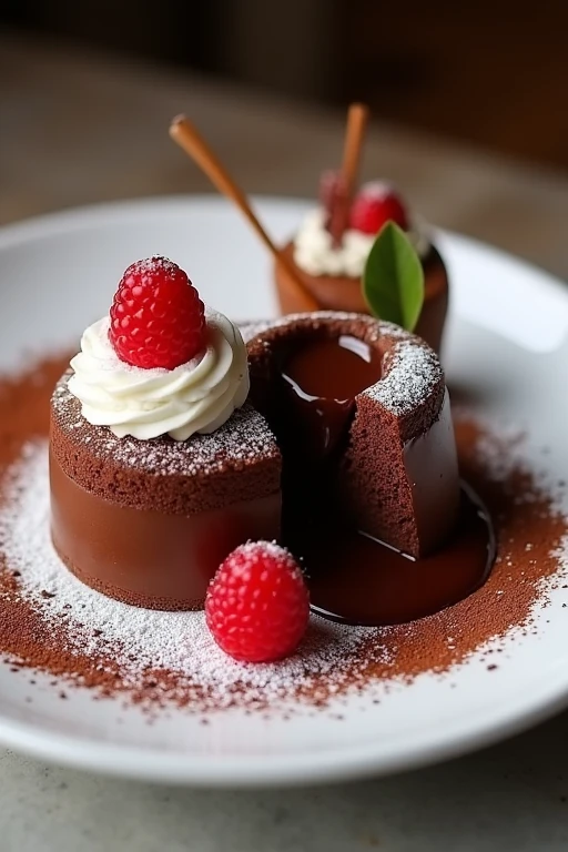 A beautiful arrangement of chocolate desserts sits on a white ceramic plate. The centerpiece is a smooth and silky chocolate mousse, artfully sculpted into a captivating form and dusted with rich cocoa powder. Alongside it lies a molten chocolate lava cake, revealing a decadent chocolate flow upon slicing. The allure is enhanced by a topping of fluffy whipped cream, vibrant red fresh berries, and a light dusting of powdered sugar for an added touch of elegance.  The image evokes a warm ambiance, captivating the viewer with soft lighting that highlights the intense depth and gloss of the chocolate.