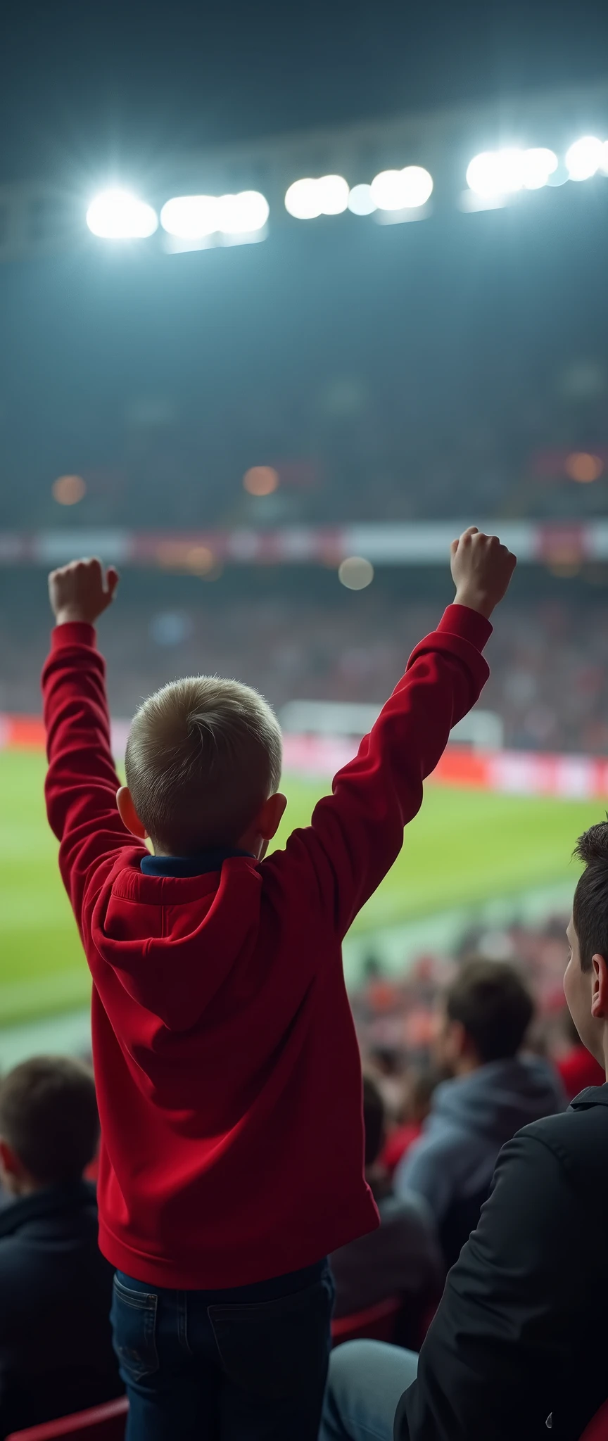 (masterpiece:1.2,Distinguished Quality,Mirror-like,Cinematic Experience),8k,wallpaper,Filming from the audience,England,Football Stadium,Premier League,Opening game,(A boy raises his clenched fist and cheers enthusiastically.),(Detailed hands)