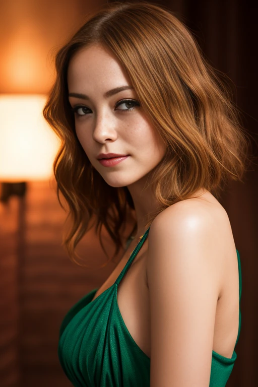 A beautiful 20 year old woman, (Brie Larson:Florence Pugh:0.5), 1girl, close-up, high detail face, head and neck jewelry, ((short hair)), green eyes, orange hair, shy smile, freckles, redhead, beautiful girl, large breasts, detailed, 8k, HDR, shallow depth of field, wide light, high contrast, backlight, light flares, chromatic aberration, sharp focus, RAW color photo, looking at the camera, various poses, green formal dress,