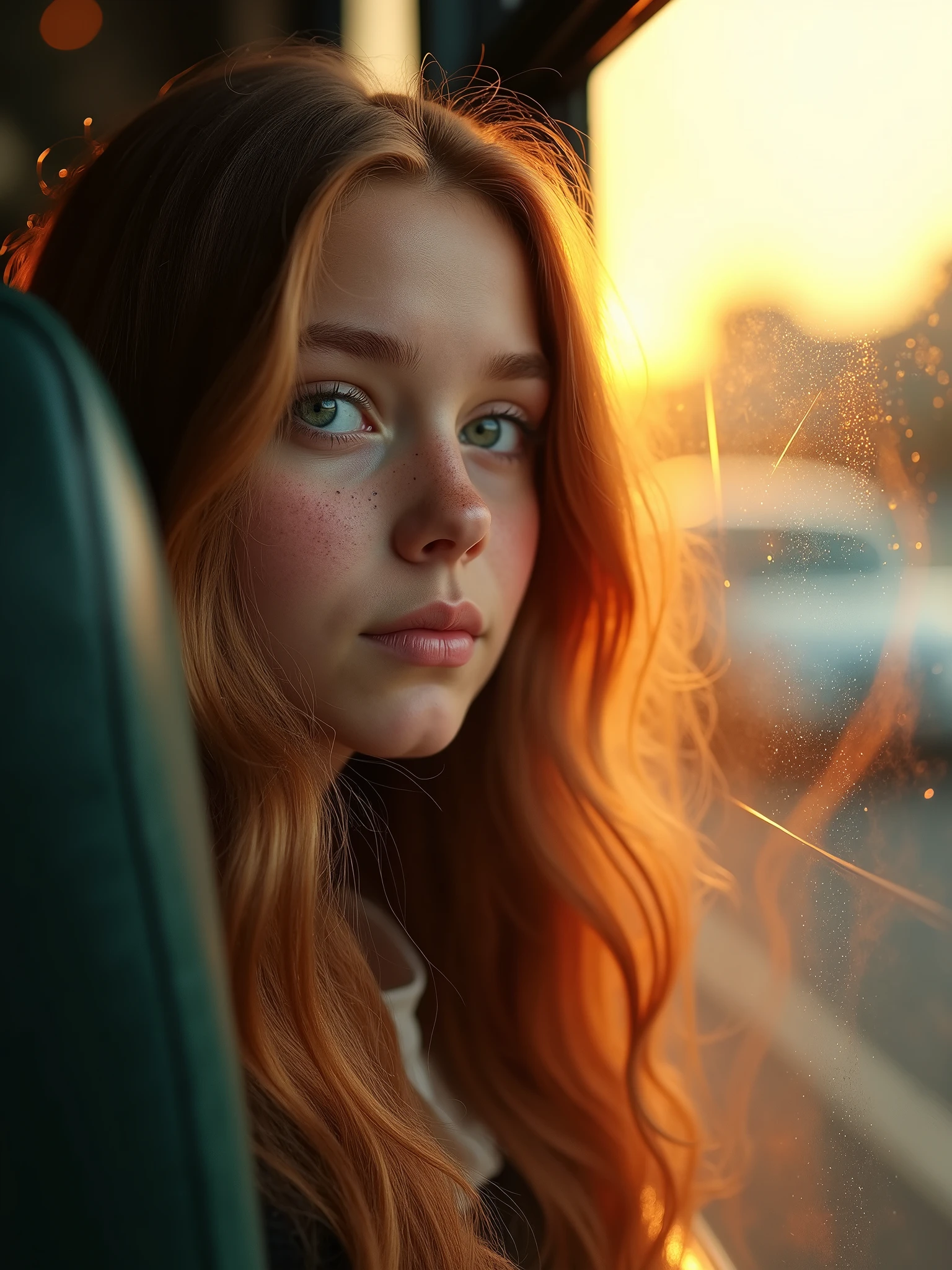a very beautiful girl in the bus window, photorealism, perspective,9:16.