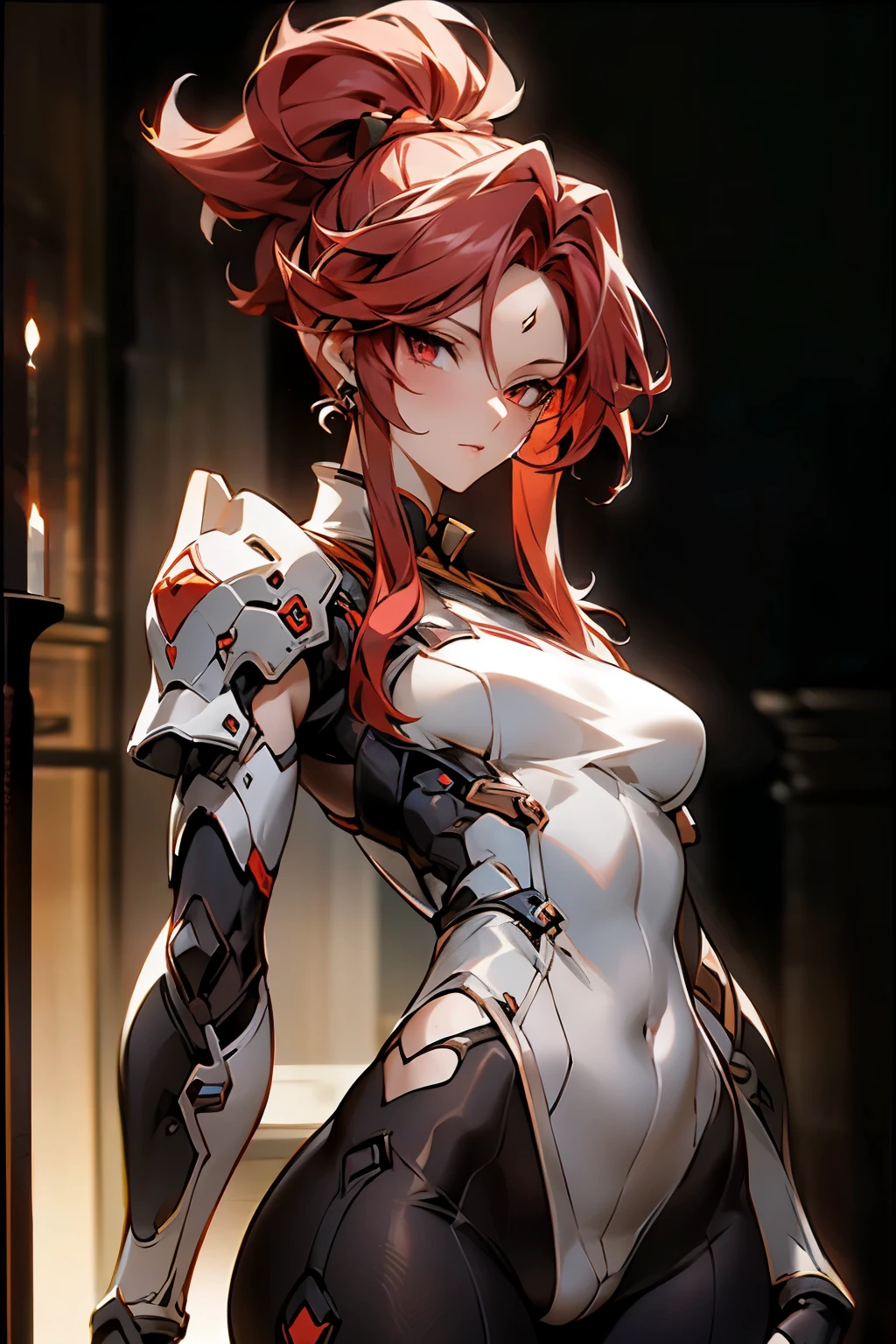 ((best quality)), ((Masterpiece)), (details:1.4), 3d, HDR (high dynamic range), amature woman, Red hair, High Ponytail, Red eyes, hips up จมูกโด่ง, ปากแดง, หน้าอกใหญ่, nvidia RTX, PBR surface, After processing, Anisotropic filtration,depth of field, Maximum clarity and clarity, multi-layered surface, Subsurface scattering, perfect proportions, 8K raw files, ความละเอียดสุดยอด, Unreal 5, Perfect proportions, Octane Render, Wide aperture, Low ISO, Warrior, Heavy Black armor, jewely, ต่างหู