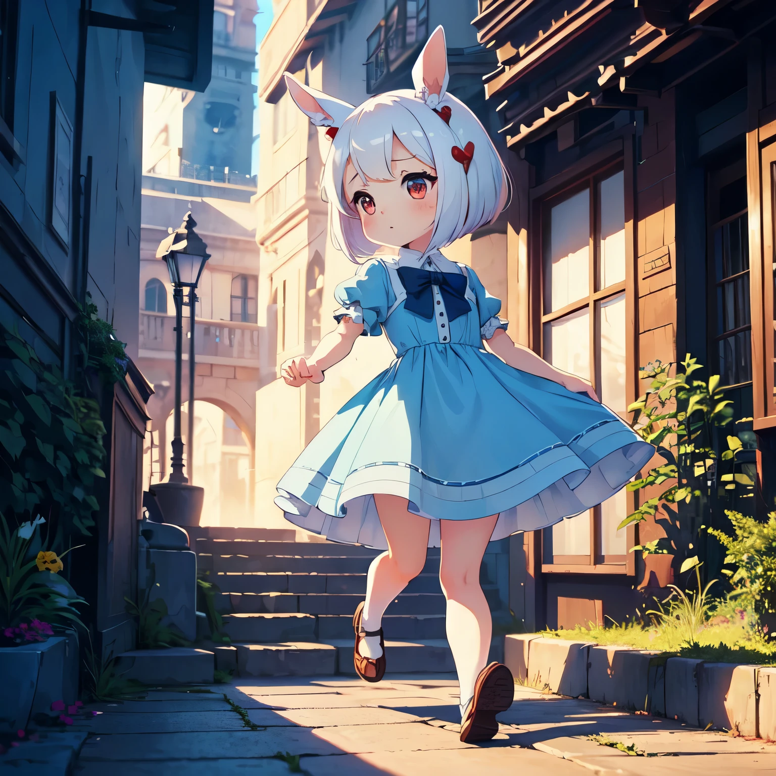 anime style, cute small white rabbit, sweatdrop, (running on sidewalk), from bottom angle, 1girl, (((chibi))), red eyes, tall ears, (bob hairstyle), large face, short stature, wearing a light blue dress, (best quality,4k,8k,highres,masterpiece:1.2), intricate details,highly detailed,exquisite,stunningly beautiful,vibrant colors,soft lighting,fantasy,magical realism,