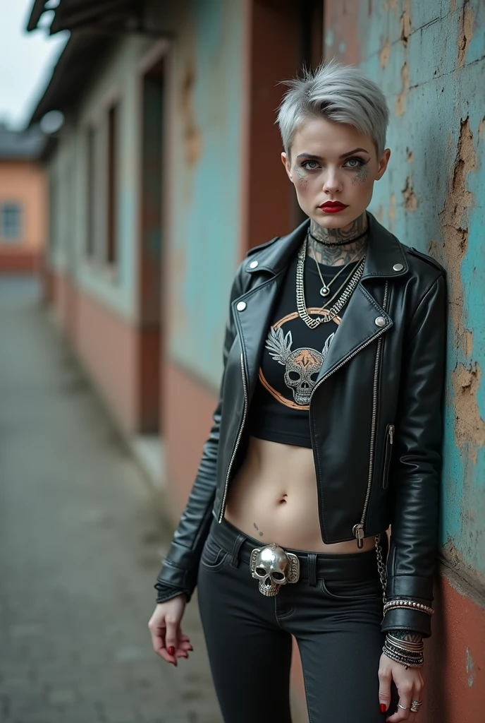 russian old milf woman, biker gang member, short grey hair (combed back with hair gel) with very light blue eyes, extremely pale, heavy eye shadows. Thin. Sad, humbled face, smeared excessive make up and smeared excessive dark red lipstick Wearing cropped black moto jacket, black cropped t-shirt with devil logo, skinny black jeans and white tennis sneakers. Lots of metallic bracelets. pentacle pendants. Tacky wide belt with massive skull and bones buckle . Tattoed. Piercing in belly button. Lots of rings and ethnic bracelets. Wide loop earrings. Looks at the camera in shame. Toned abs, long neck, thin arms and legs