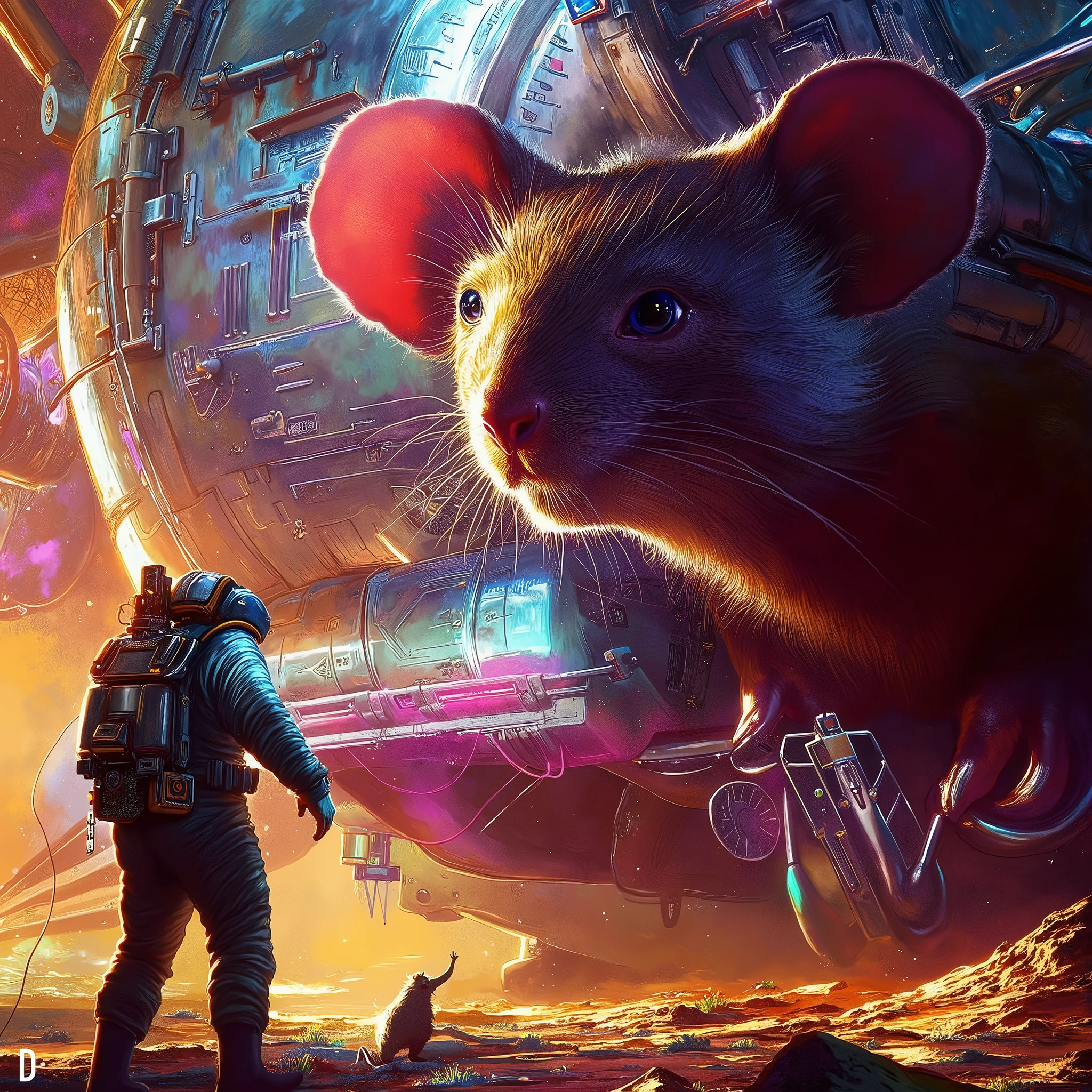 An astronaut and a fierce ferocious menacing giant Alien Rat