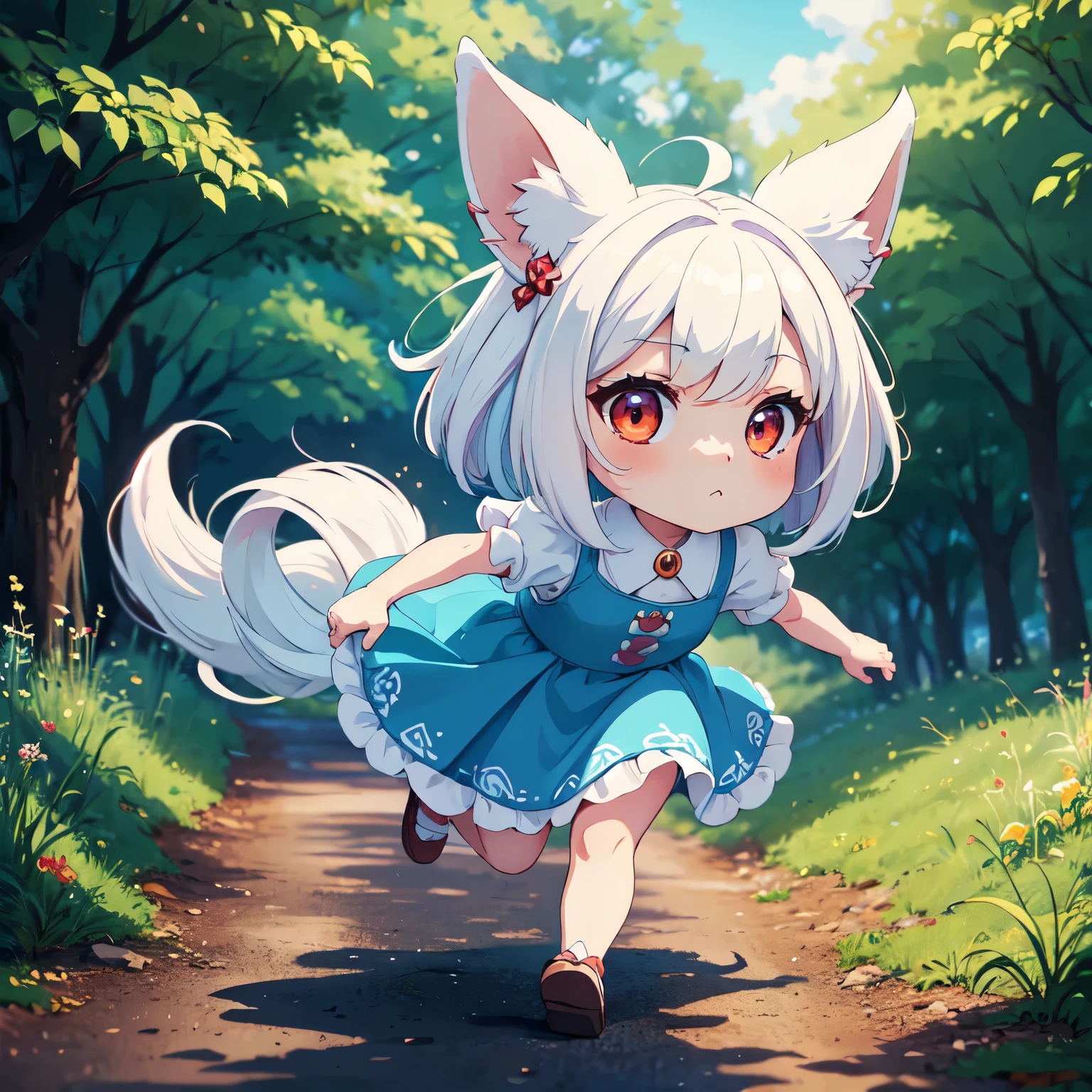 anime style, cute small white rabbit, (((running on nature path))), from bottom angle, 1girl, (((chibi))), red eyes, tall ears, (bob hairstyle), large face, short stature, wearing a light blue dress, (best quality,4k,8k,highres,masterpiece:1.2), intricate details,highly detailed,exquisite,stunningly beautiful,vibrant colors,soft lighting,fantasy,magical realism,