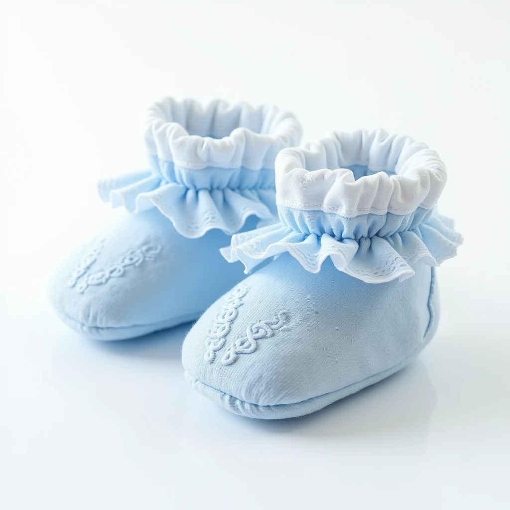 Booties, on a white background,for newborns white blue, very lacy , air beautiful lace, transparent ruffles, Permission, photo realistic, 8k, depth of field,