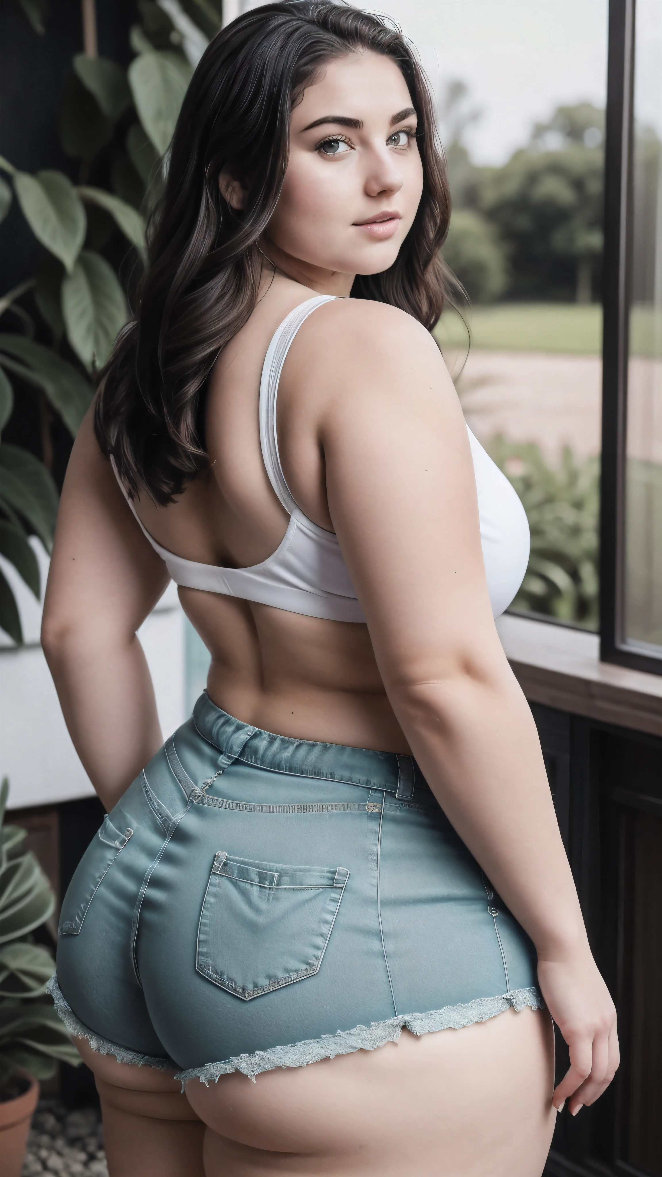Beautiful Chubby girl, 19 years old, posing in the garden, Aesthetic artwork, Polish girl, natural beauty, (pale skin), beautiful face, straight black hair, medium long haircut, (green eyes), (big saggy breasts), curvy body, wide hips, round belly, thicc, sexy, big thighs, detailed skin texture, (extremely detailed 8k wallpaper), soft lighting, high quality, film grain, High Detail, Sharp focus,(natural light), (wearing white tank top), tight blue shorts, cleavage, crazy details, complex details, hyper detailed, voluptuous, chubby, interesting shooting angle, full body shot, view from back