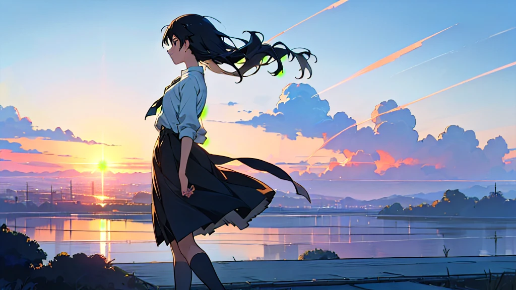 ((anime:1.4,shape)),(masterpiece, Highest quality, Highest quality),(Very detailed, The perfect solution),((16K, High resolution)). break {Lofi Art, ローリー・グリースリーのstyle, Makoto Shinkai'style, anime aesthetic} break {shape of a man and a woman living inside a converted bus. The interior is comfortable、It needs attention to detail., With bunk bed. The woman was on the bed above.、You can see the night sky from the small window, There's a desk under the bed, computer, And personal belongings. Include shelves, Storage space, Personal belongings were scattered in the bus., Create a living room atmosphere. The atmosphere should be warm and intimate, Highlighting the unique and compact living environment inside the bus.}Shortcuts, Headphones、Green Hair、Green Eyes、Highest quality, One person, Back view,