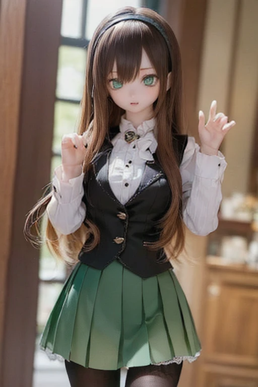 (SFW:2), photorealistic, realistic photo, 8k, ((highest quality)), ((masterpiece)), (extremely detailed), kukolnydom, doll, (mature woman, 21yo, 21 years old, solo:1.6), ((cowboy shot, stylish pose, slim, slender, skinny, medium breasts, hairband, ascot, vest, dress shirt, long puff sleeves, pleated skirt, black pantyhose)), (parted lips, green eyes, brown hair, long hair, plastic skin, looking at another, glass eyes, gradient eyes, shining eyes, detailed eyes:1.3)