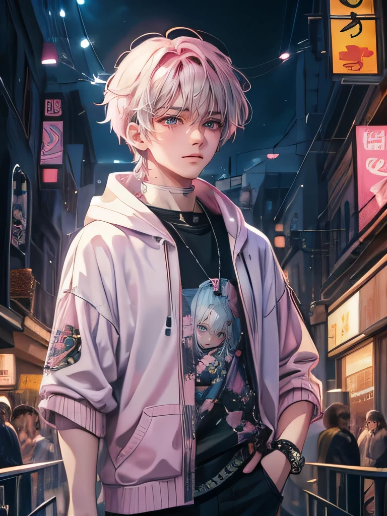 Night town, Guviz-style artwork, made with anime painter studio, Anime Realism Style, Realistic anime art style, painted in anime painter studio, Inspired by Kim Taehyung, In an anime style, anime handsome guy, Inspired by Kim Taehyung, anime realism、Pink hair、Shirts and knitwear、A smile