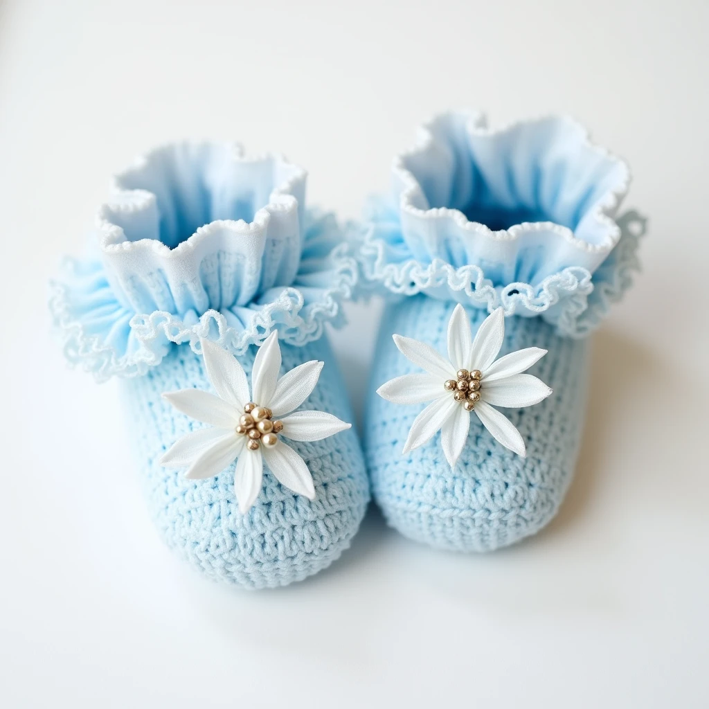 Booties, on a white background, for newborns white blue, very lacy , air beautiful lace, transparent ruffles, Permission, lotus beside, photo realistic, 8k, depth of field,