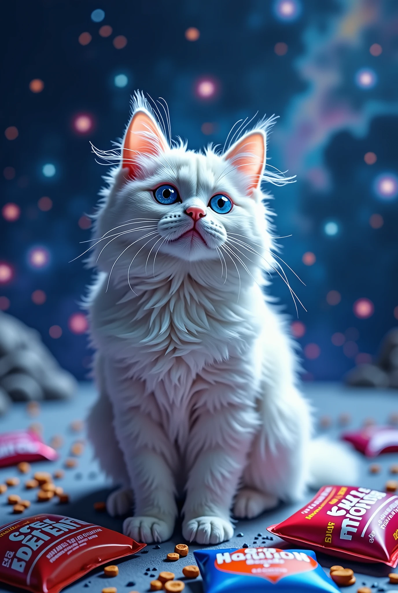 White cat, 、Space in the background (Beautiful shining stars and galaxies), Space Cat, big 、 on the screen is written in big letters on the screen,Munchkin、Cat food