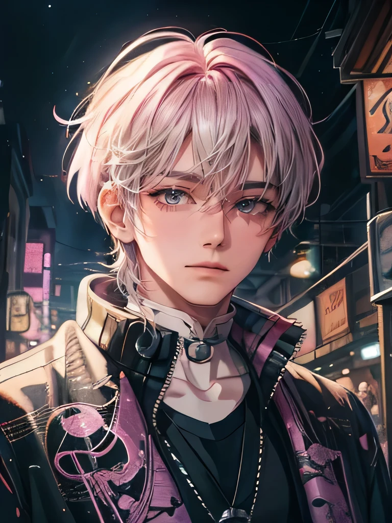 Night town, Guviz-style artwork, made with anime painter studio, Anime Realism Style, Realistic anime art style, painted in anime painter studio, Inspired by Kim Taehyung, In an anime style, anime handsome guy, Inspired by Kim Taehyung, anime realism、Pink hair、Shirts and knitwear、A smile