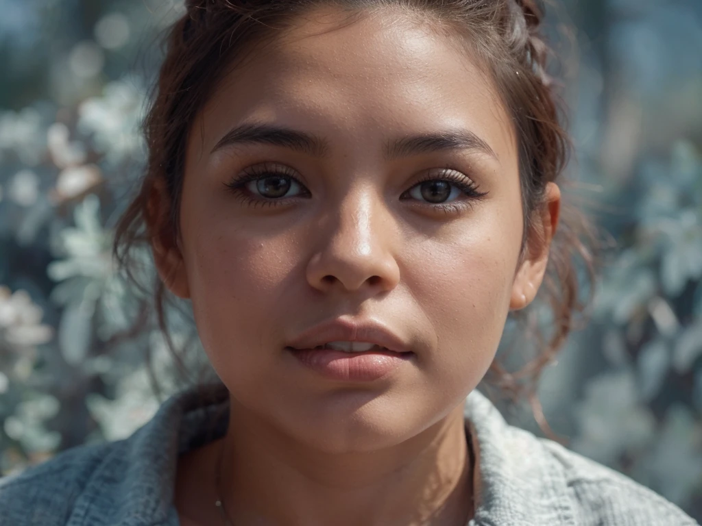 A realistic image of a curvy woman with a mix of Asian and Latina features. She has a confident and friendly expression, long dark hair, and warm, glowing skin. She’s dressed in casual but stylish attire, standing against a simple, natural background, like a park or a beach, with soft, natural lighting enhancing her features.”